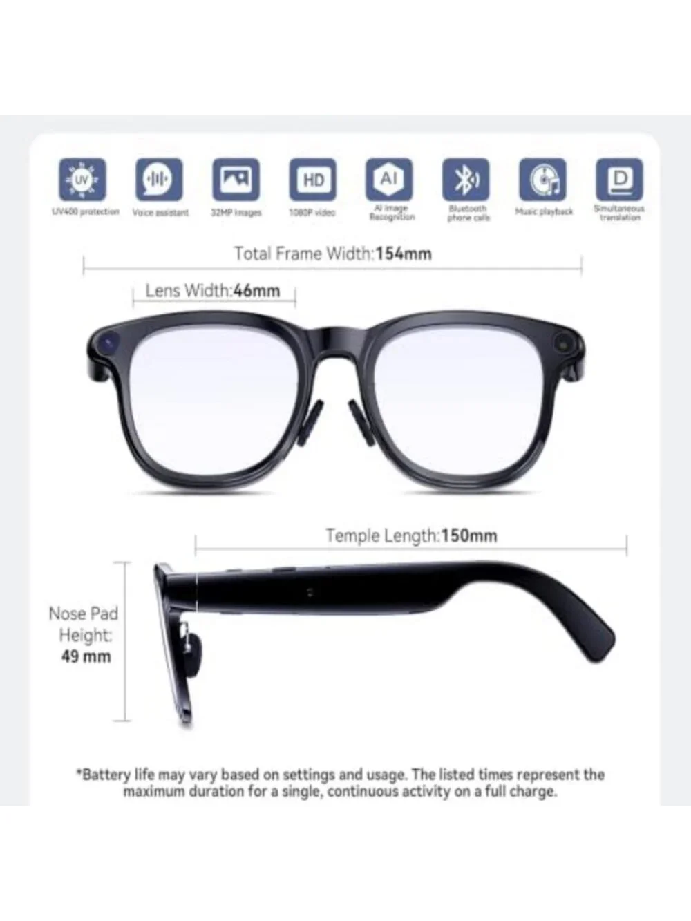 4K Camera Smart Glasses for Travel & Daily Use, Bluetooth Audio, Hands-Free